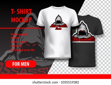 T-Shirt Mockup with Assassin`s phrase in two colors. Mockup layered and editable.