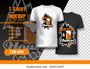 T-Shirt Mockup with Beer House phrase in two colors. Mockup layered and editable.