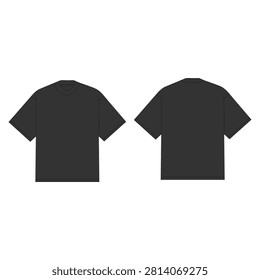 T-Shirt Mockup Black Heavyweight Oversized Front and Back View Vector Flat Fashion Sketch Blank Clothing Template