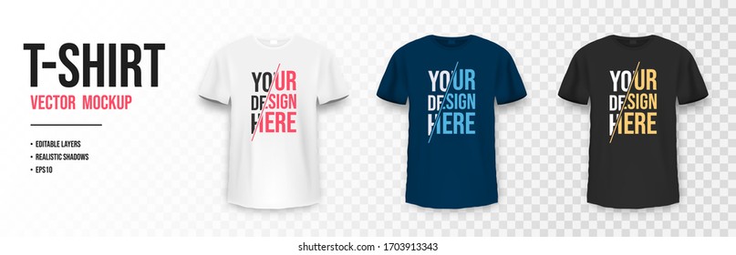 T-shirt mockup in black, white and blue colors. Mockup of realistic t shirt with short sleeves. Set of blank and basic t-shirts with empty space for design. Vector