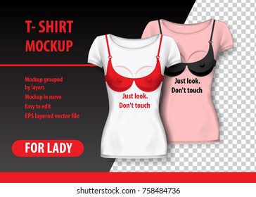 T-Shirt Mockup with brassiere and funny phrase in two colors. Mockup layered and editable.