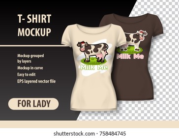 T-Shirt Mockup with cow and funny phrase in two colors. Mockup layered and editable.