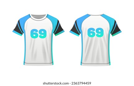Broma de camisetas. Modelación de camisetas plana, azul, con un número de 69, distribución de camisetas para tu diseño. Ilustración del vector