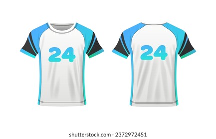 T-shirt mockup. Flat, white blue, t-shirt layout, t-shirt with 24 number, clothing layout. Vector illustration