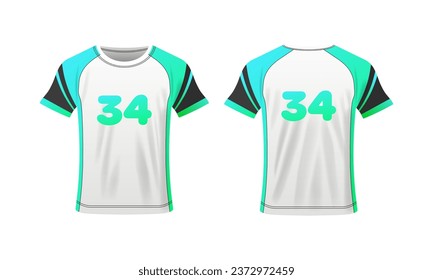 T-shirt mockup. Flat, white green, t-shirt layout, t-shirt with 34 number, clothing layout. Vector illustration