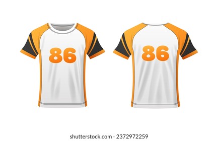 T-shirt mockup. Flat, white orange, t-shirt layout, t-shirt with number, clothing layout. Vector illustration