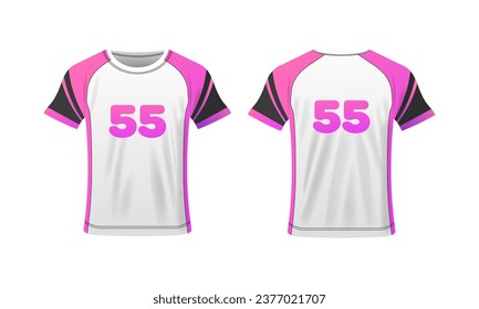 Broma de camisetas. Plana, rosa-blanca, número 55, disposición de camisetas, maqueta de camisetas con números. Iconos del vector