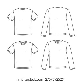 T-shirt mockup, front and back views. Long and short sleeve t-shirt template.