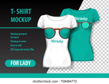 T-Shirt Mockup with glasses and funny phrase in two colors. Mockup layered and editable.