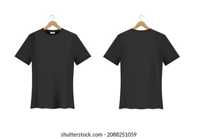 T-shirt Mockup hanging on a wooden hanger. Black color. Vector realistic template. Front and back view. Unisex collection. Blank fashion design. EPS10.