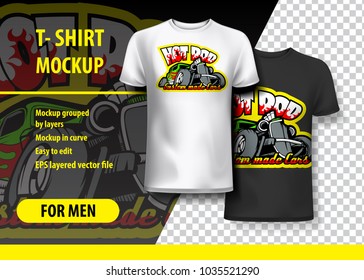 T-Shirt Mockup with Hot Rod phrase in two colors. Mockup layered and editable.