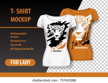 T-Shirt Mockup with leopard and funny phrase in two colors. Mockup layered and editable.