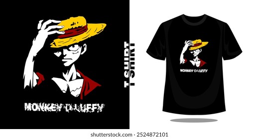 
tshirt mockup model graphic design vector image of the luffy simple, elegant and modern