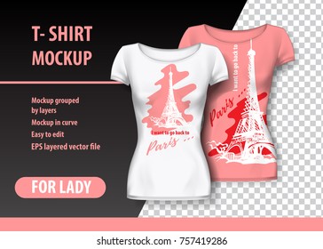 T-Shirt Mockup with Paris tower and funny phrase in two colors. Mockup layered and editable.