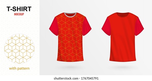 T-shirt mockup with pattern, two versions of red vector t-shirt. Vector template.