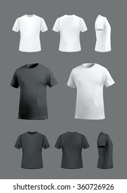 T-shirt mockup set on dark background, front, side, back and perspective view. Vector eps10 illustration