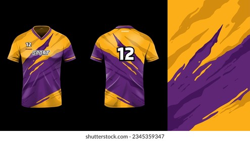 Tshirt mockup sport jersey template design for football soccer, racing, gaming, sports jersey abstract design purple, orange color