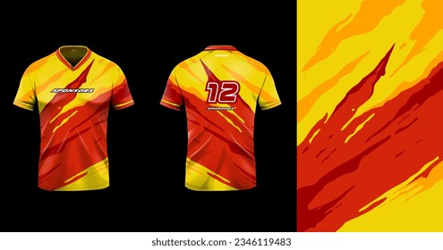 Tshirt mockup sport jersey template design for football soccer, racing, gaming, sports jersey abstract design red yellow color