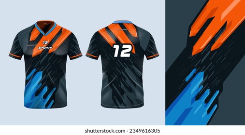 Tshirt mockup sport jersey template design for football soccer, ethnic, gaming, sports jersey abstract design orange blue color