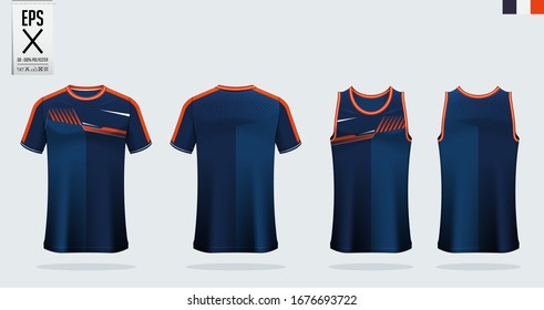 T-shirt mockup, sport shirt template design for soccer jersey, football kit. Tank top for basketball jersey and running singlet. Sport uniform in front view and back view.  Mock up Vector Illustration