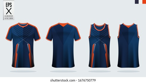 Mochila de camisetas, diseño de la ropa deportiva para la camiseta de fútbol, kit de fútbol. Tablero para la camiseta de baloncesto y soltero. El uniforme deportivo en la vista frontal y trasera.  Ilustración de vectores de maqueta