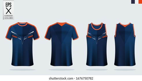 T-shirt mockup, sport shirt template design for soccer jersey, football kit. Tank top for basketball jersey and running singlet. Sport uniform in front view and back view.  Mock up Vector Illustration