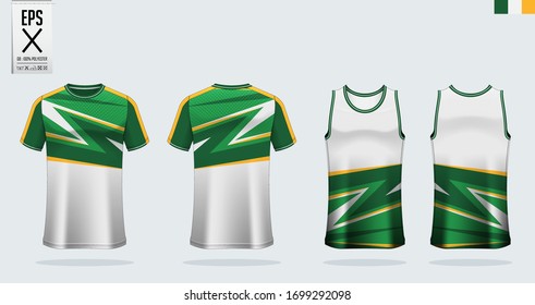 T-shirt mockup, sport shirt template design for soccer jersey, football kit. Tank top for basketball jersey and running singlet. Sport uniform in front view and back view.  Mock up Vector Illustration