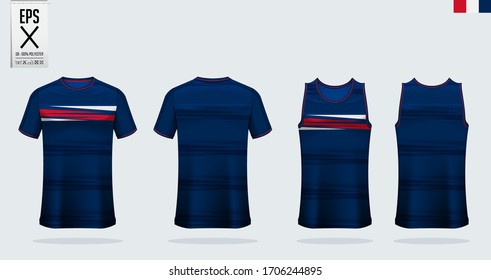 T-shirt mockup, sport shirt template design for soccer jersey, football kit. Tank top for basketball jersey and running singlet. Sport uniform in front view and back view.  Mock up Vector Illustration