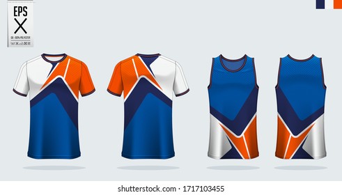 T-shirt mockup, sport shirt template design for soccer jersey, football kit. Tank top for basketball jersey and running singlet. Sport uniform in front view and back view.  Mock up Vector Illustration