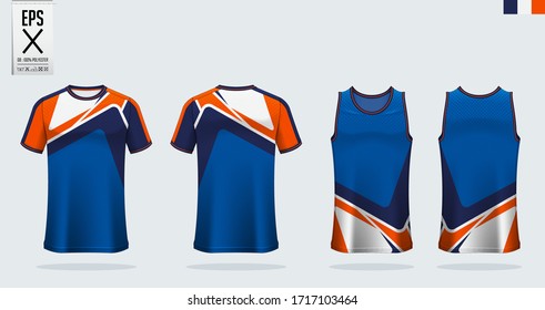 T-shirt mockup, sport shirt template design for soccer jersey, football kit. Tank top for basketball jersey and running singlet. Sport uniform in front view and back view.  Mock up Vector Illustration