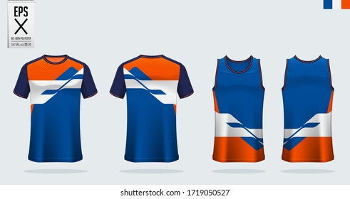 T-shirt mockup, sport shirt template design for soccer jersey, football kit. Tank top for basketball jersey and running singlet. Sport uniform in front view and back view.  Mock up Vector Illustration