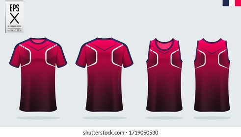 T-shirt mockup, sport shirt template design for soccer jersey, football kit. Tank top for basketball jersey and running singlet. Sport uniform in front view and back view.  Mock up Vector Illustration