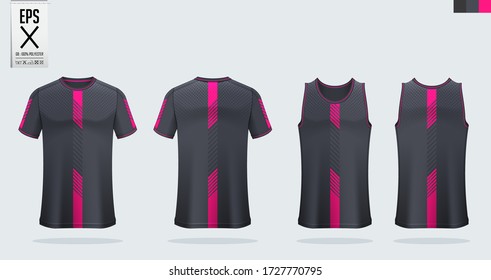 T-shirt mockup, sport shirt template design for soccer jersey, football kit. Tank top for basketball jersey or running singlet. Black-Pink Sport uniform in front view, back view.  Shirt mock up Vector