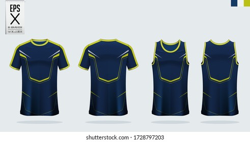 T-shirt mockup, sport shirt template design for soccer jersey, football kit. Tank top for basketball jersey or running singlet. Blue, Green Sport uniform in front view, back view. Shirt mock up Vector