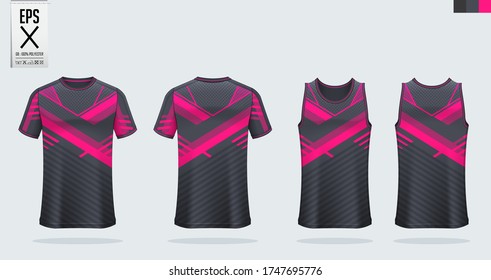 T-shirt mockup, sport shirt template design for soccer jersey, football kit. Tank top for basketball jersey or running singlet. Blue, Pink Sport uniform in front view, back view. Shirt mock up Vector