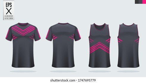 T-shirt mockup, sport shirt template design for soccer jersey, football kit. Tank top for basketball jersey or running singlet. Blue, Pink Sport uniform in front view, back view. Shirt mock up Vector