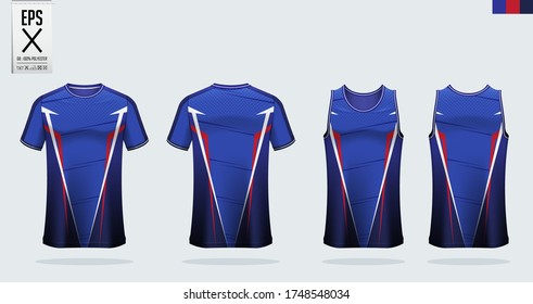 T-shirt mockup, sport shirt template design for soccer jersey, football kit. Tank top for basketball jersey or running singlet. Blue Red Sport uniform in front view, back view. Shirt mock up Vector.