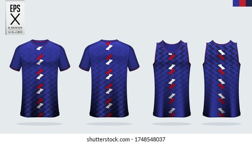 T-shirt mockup, sport shirt template design for soccer jersey, football kit. Tank top for basketball jersey or running singlet. Blue Red Sport uniform in front view, back view. Shirt mock up Vector.