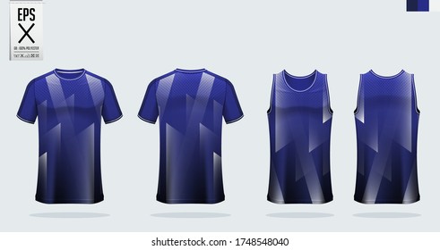 T-shirt mockup, sport shirt template design for soccer jersey, football kit. Tank top for basketball jersey or running singlet. Blue Red Sport uniform in front view, back view. Shirt mock up Vector.