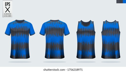 T-shirt mockup, sport shirt template design for soccer jersey, football kit. Tank top for basketball jersey or running singlet. Blue, Black Sport uniform in front view, back view. Shirt mock up Vector