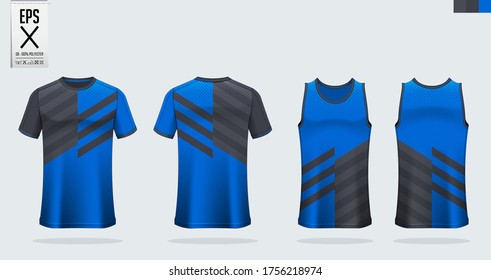 T-shirt mockup, sport shirt template design for soccer jersey, football kit. Tank top for basketball jersey or running singlet. Blue, Black Sport uniform in front view, back view. Shirt mock up Vector