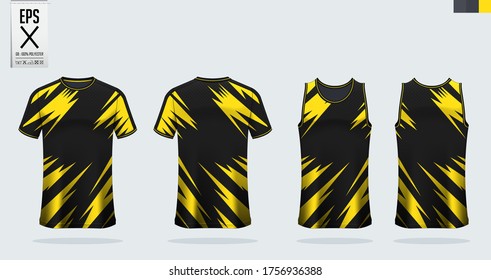 T-shirt mockup, sport shirt template design for soccer jersey, football kit. Tank top for basketball jersey or running singlet. Blue, Yellow Sport uniform in front view, back view. Vector Illustration