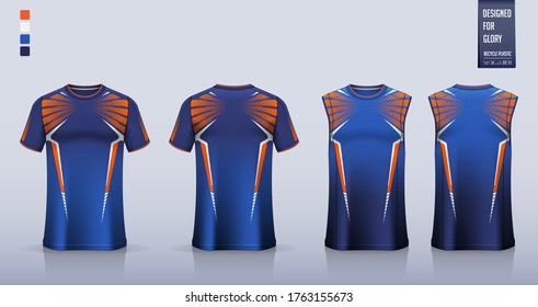 T-shirt mockup, sport shirt template design for soccer jersey, football kit. Tank top for basketball jersey or running singlet. Blue, Orange Sport uniform in front view, back view. Shirt mockup Vector