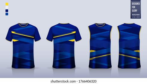 T-shirt mockup, sport shirt template design for soccer jersey, football kit. Tank top for basketball jersey or running singlet. Blue Sport uniform in front view, back view. Shirt mock up Vector.