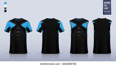 T-shirt mockup, sport shirt template design for soccer jersey or football kit. Tank top for basketball jersey, running singlet. Fabric pattern for sport uniform in front view and back view. Vector.