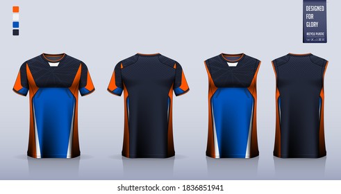 T-shirt mockup, sport shirt template design for soccer jersey, football kit. Tank top for basketball jersey, running singlet. Fabric pattern for sport uniform in front view back view. Vector.