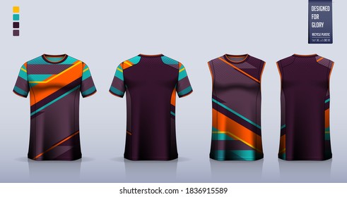 T-shirt mockup, sport shirt template design for soccer jersey, football kit. Tank top for basketball jersey, running singlet. Fabric pattern for sport uniform in front view back view. Vector.