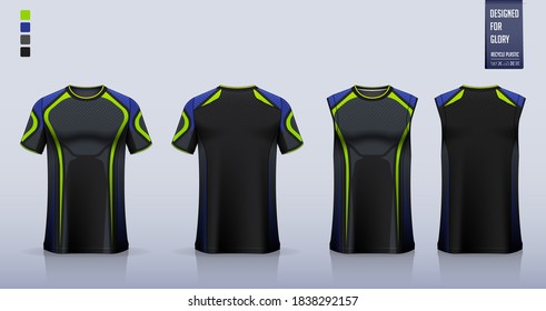 T-shirt mockup, sport shirt template design for soccer jersey, football kit. Tank top for basketball jersey, running singlet. Fabric pattern for sport uniform in front view back view. Vector.