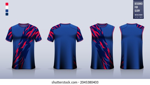 T-shirt mockup, sport shirt template design for soccer jersey, football kit. Tank top for basketball jersey, running singlet. Fabric pattern for sport uniform in front, back view. Vector Illustration