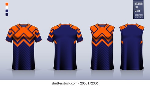 T-shirt mockup, sport shirt template design for soccer jersey, football kit. Tank top for basketball jersey, running singlet. Fabric pattern for sport uniform in front, back view. Vector Illustration